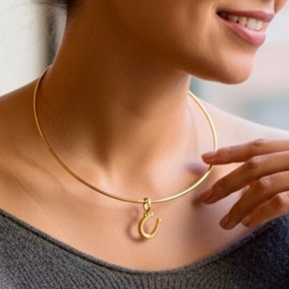 Madewell Horse Shoe Charm Wire Choker Necklace Antique Gold One Size NWT - Picture 2 of 12